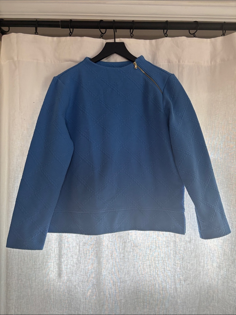 Talbots Blue Quilted Crewneck Sweatshirt with Zip-Shoulder Detail
